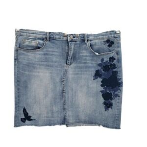 Vintage America denim pencil Skirt womens size 16 blue embroidered bird flower
